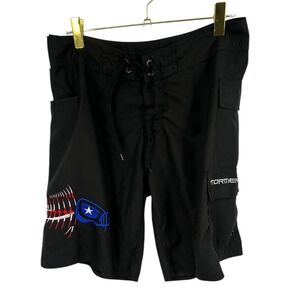 Tormenter Mens Black Graphic Board Shorts Swim Trunks Size 34 Shark Tooth Design